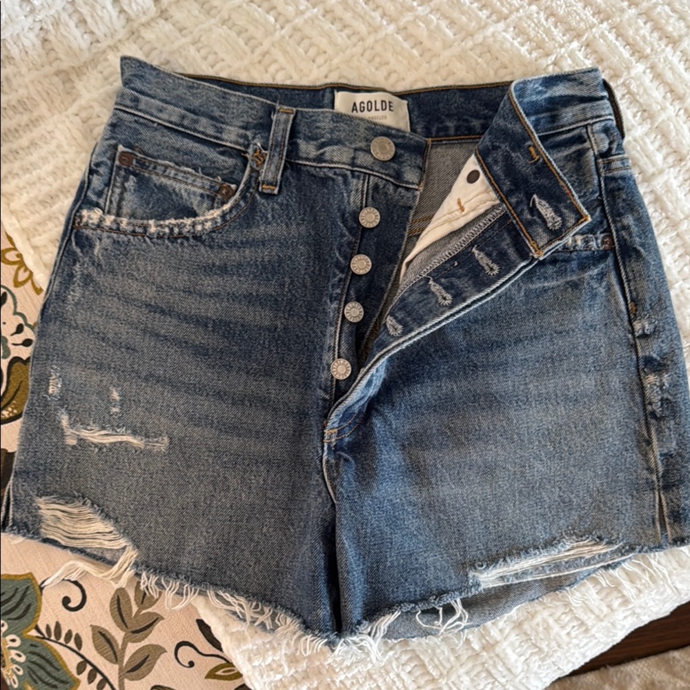 AGOLDE Distressed High-Rise Blue Denim Shorts - size 26